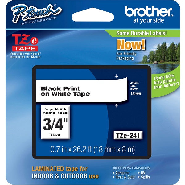Brother 18mm (3/4") Black on White Laminated Tape (8m/26.2') (1/Pkg)