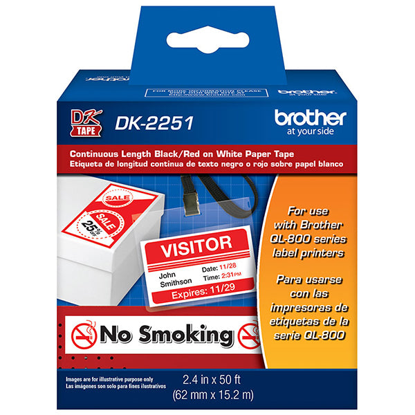 Brother 62mm x 15.2mm (2.44"x100') Continuous Length Red on White Paper Label (1/Pkg)