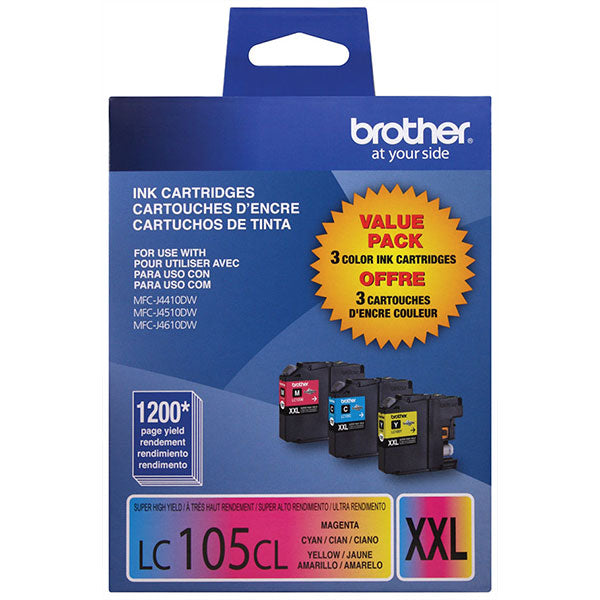 Brother Super High Yield C/M/Y Ink Cartridge Combo Pack (Includes 1 Each of OEM# LC105C LC105M LC105Y) (3 x 1200 Yield)