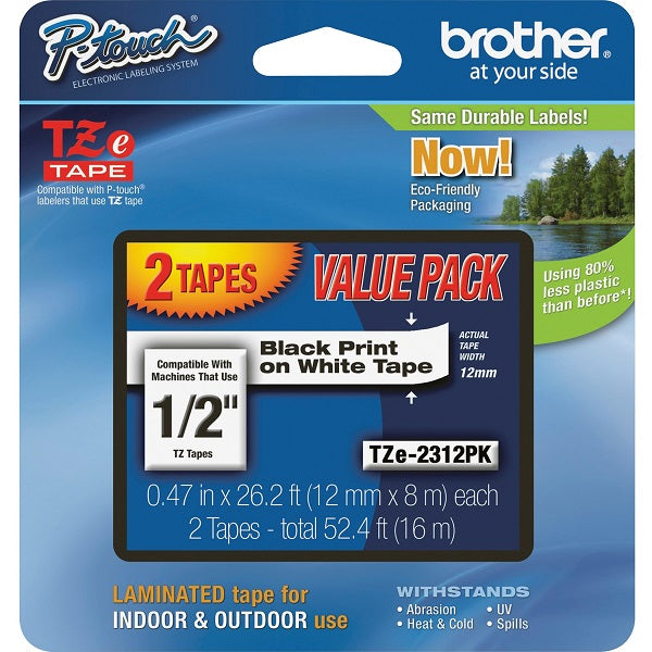 Brother 12mm (1/2") Black on White Laminated Tape (2 Pack of TZ231) (8m/26.2')