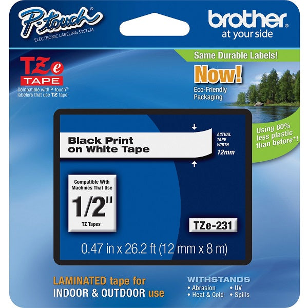 Brother 12mm (1/2") Black on White Laminated Tape (8m/26.2') (1/Pkg)