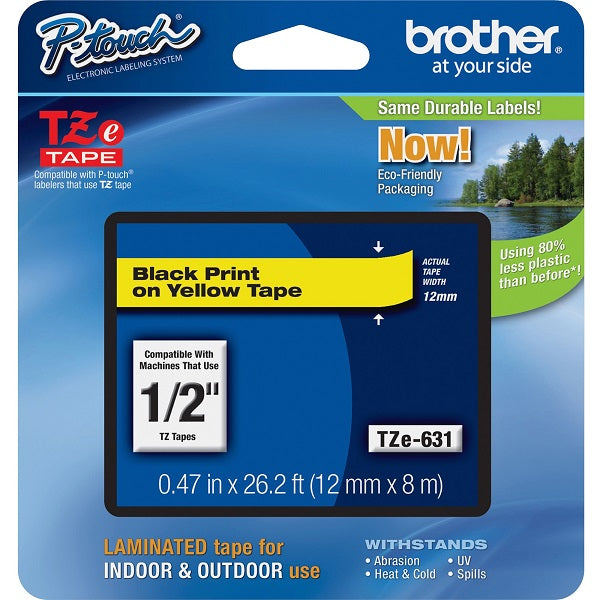 Brother 12mm (1/2") Black on Yellow Laminated Tape (8m/26.2') (1/Pkg)