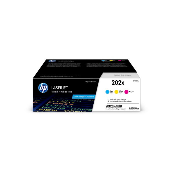 HP 202X (CF500XM) Cyan/Magenta/Yellow 3-pack High Yield Original LaserJet Toner Cartridges (2500 Yield)